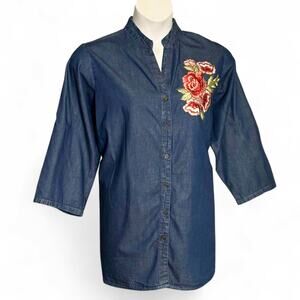 MPH Collection Plus Size Denim Tunic Shirt 2X Floral Applique 3/4 Sleeve Cottage